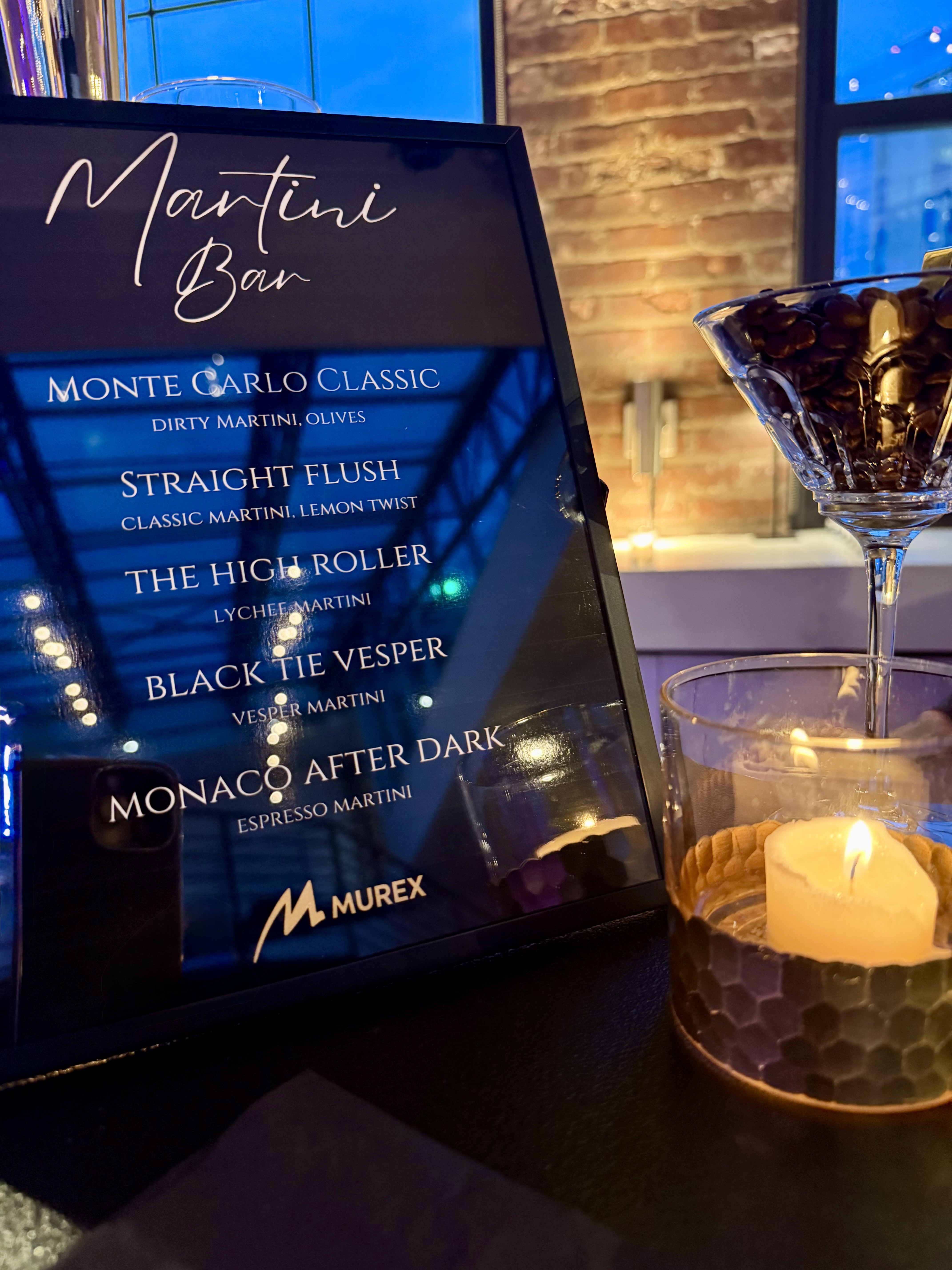 Custom branded cocktail menu for Murex event